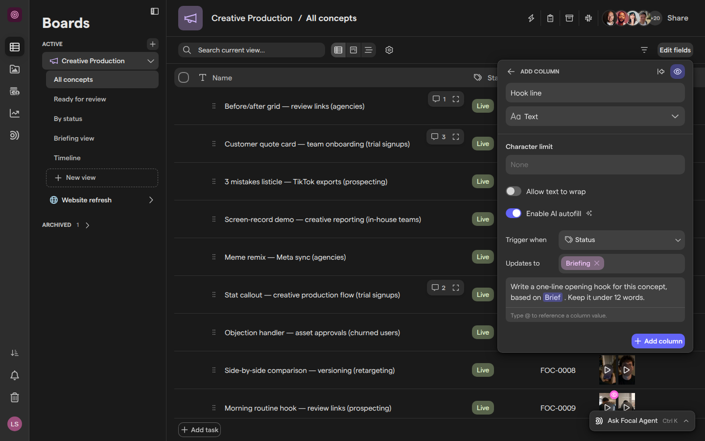 The Add column panel on a board, with Enable AI autofill on, a Status trigger and a prompt that references the Brief column.