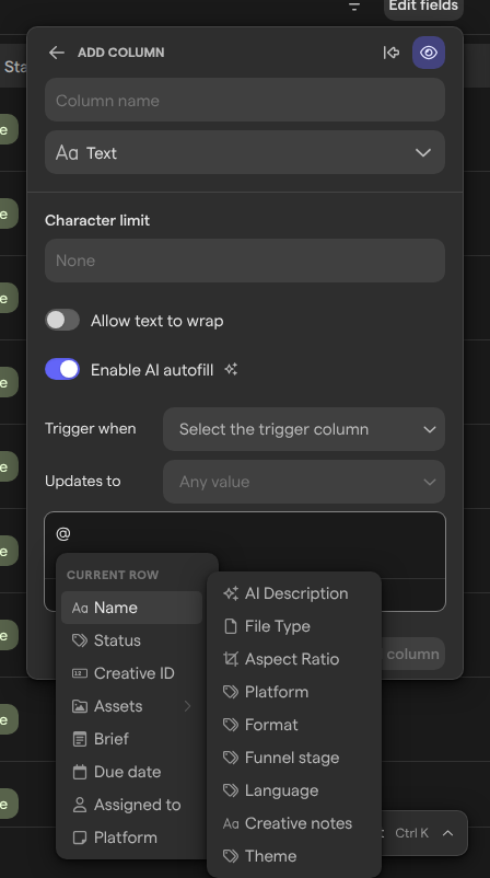 The @ menu in an autofill prompt, listing the task’s columns with the Assets column’s submenu open.