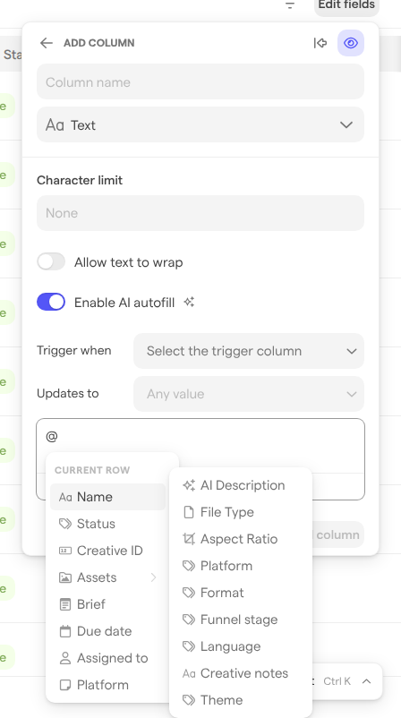 The @ menu in an autofill prompt, listing the task’s columns with the Assets column’s submenu open.