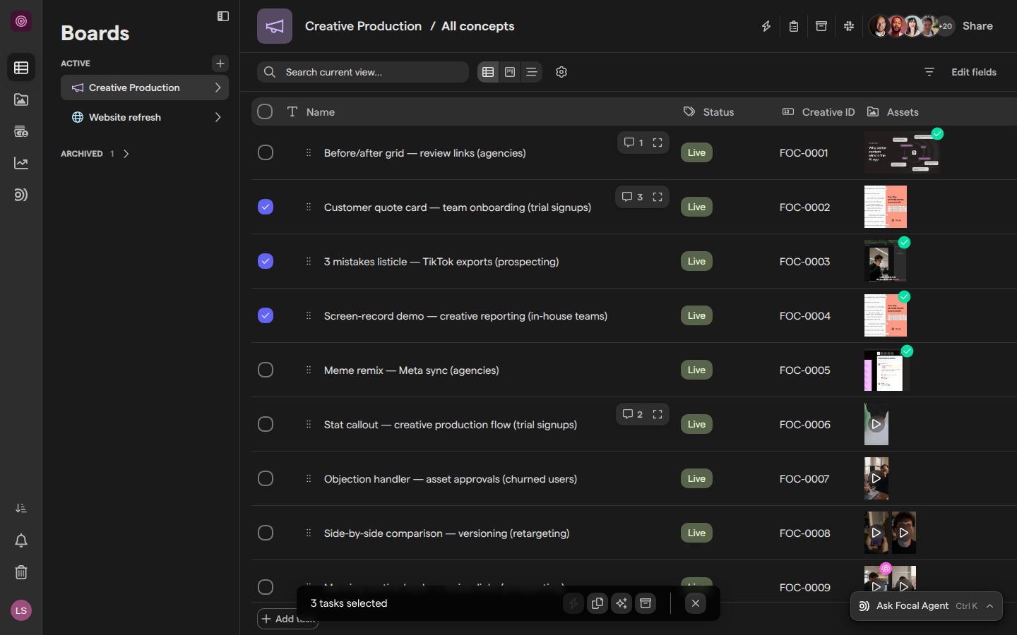 A board with three tasks selected and the bottom toolbar showing 3 tasks selected and the sparkles button.