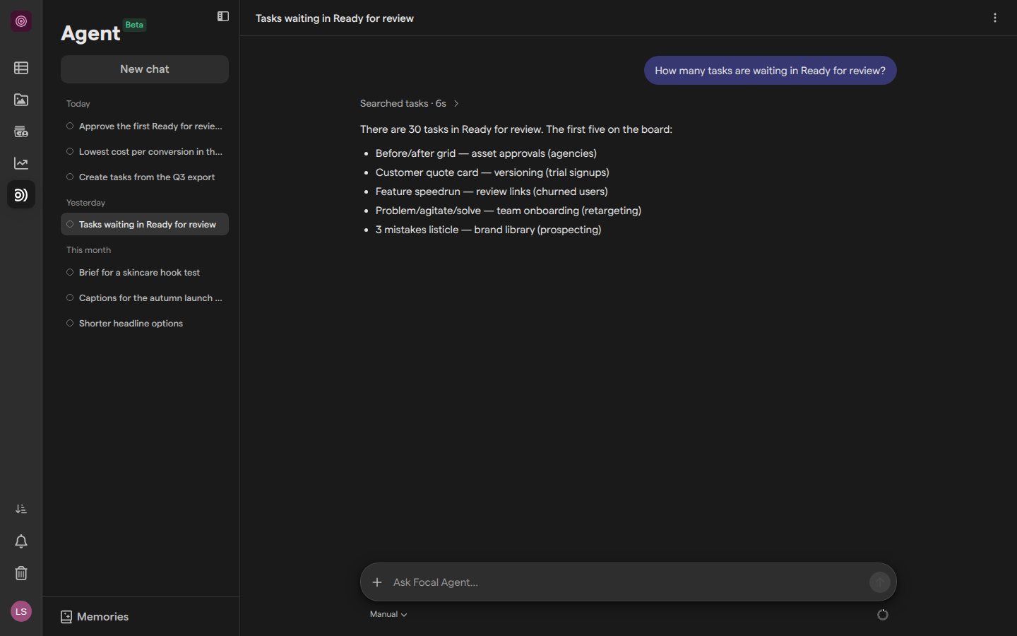 The Agent page with a chat open, its question, the agent’s Searched tasks step and its answer, and the list of past chats on the left.