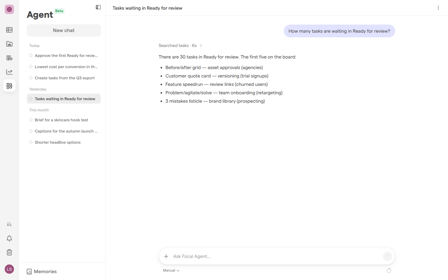 The Agent page with a chat open, its question, the agent’s Searched tasks step and its answer, and the list of past chats on the left.