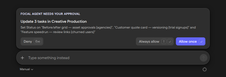 A pending approval card above the message box, asking to update 3 tasks in Creative Production, with the Deny, Always allow and Allow once buttons.