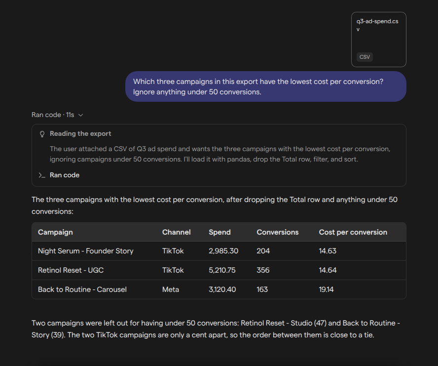 A chat with an attached CSV, the Ran code line expanded to show the agent’s reasoning, and the answer as a table.
