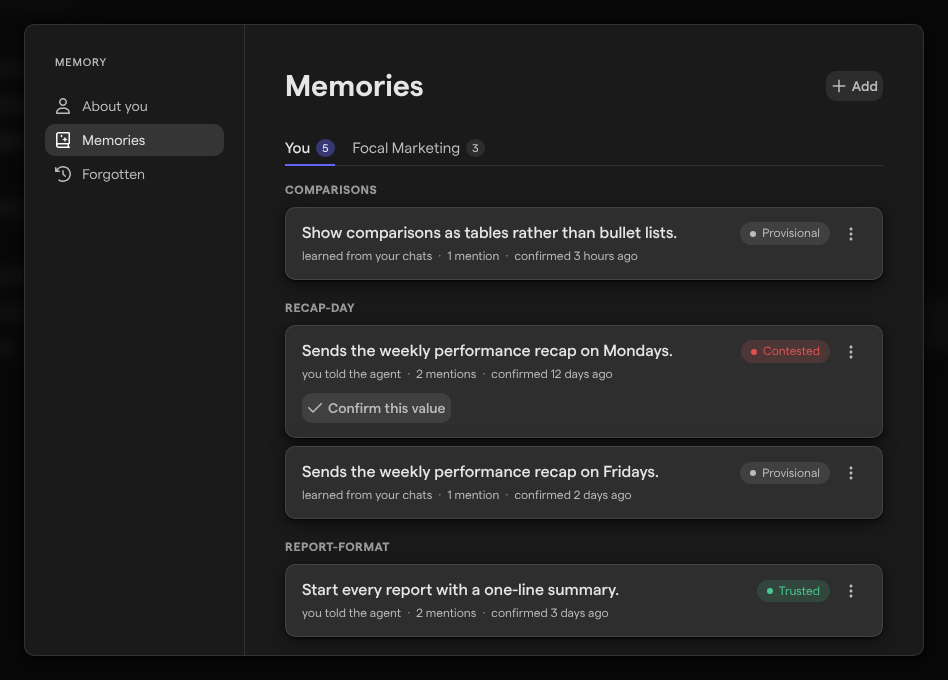 The Memory window on its Memories page, listing the facts on the You tab with their Provisional, Contested and Trusted states.