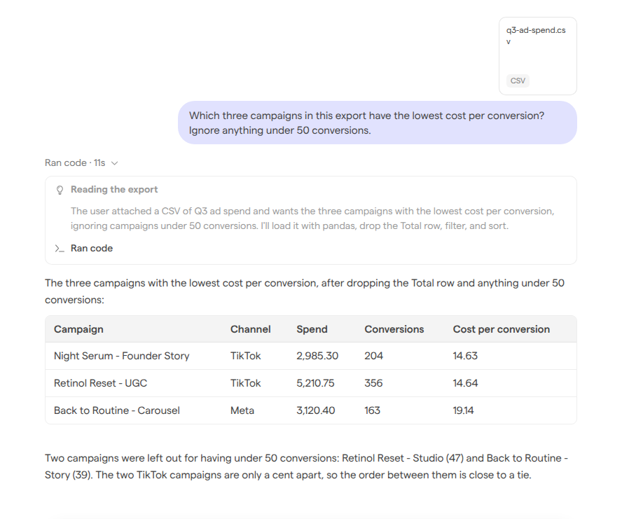 A chat with an attached CSV, the Ran code line expanded to show the agent’s reasoning, and the answer as a table.