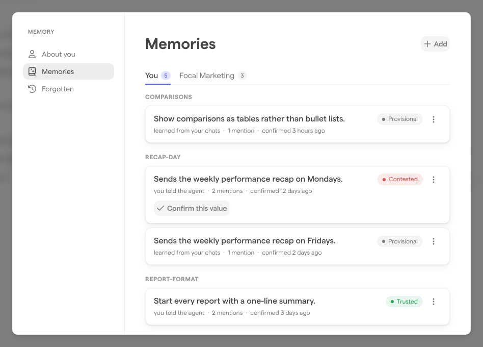 The Memory window on its Memories page, listing the facts on the You tab with their Provisional, Contested and Trusted states.