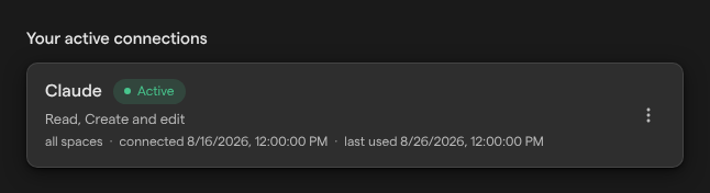 The Your active connections list in User settings, showing a Claude connection marked Active with its permissions, space access and dates.