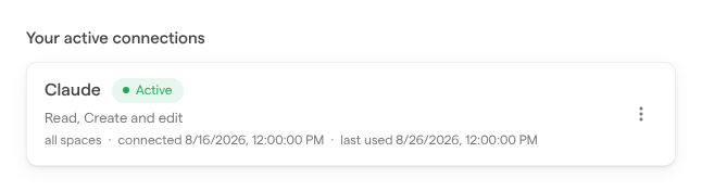 The Your active connections list in User settings, showing a Claude connection marked Active with its permissions, space access and dates.