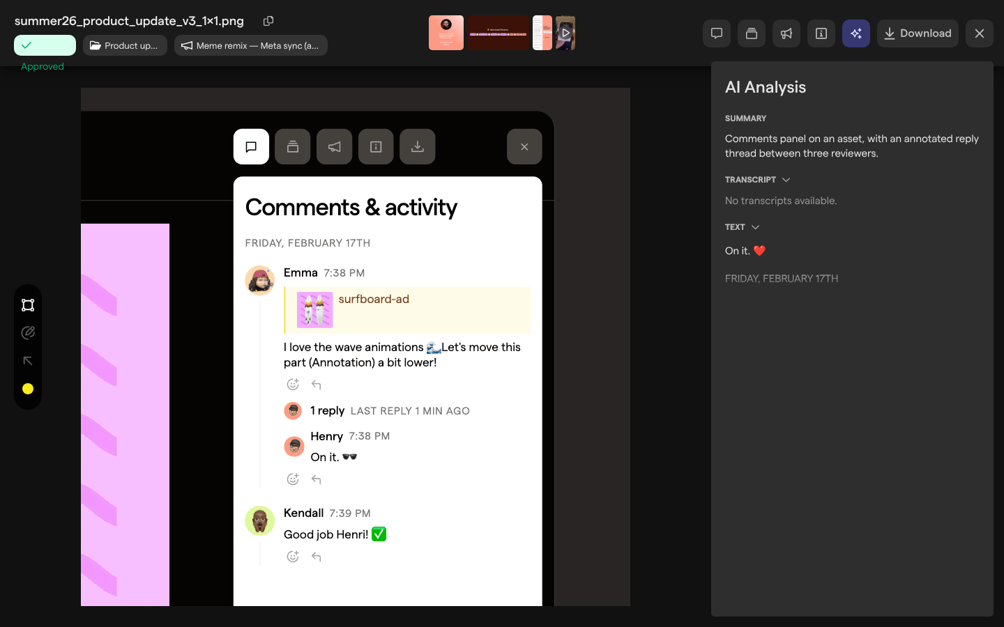 The asset view of an image with the AI Analysis panel open, showing its summary, an empty transcript and the text found in the image.