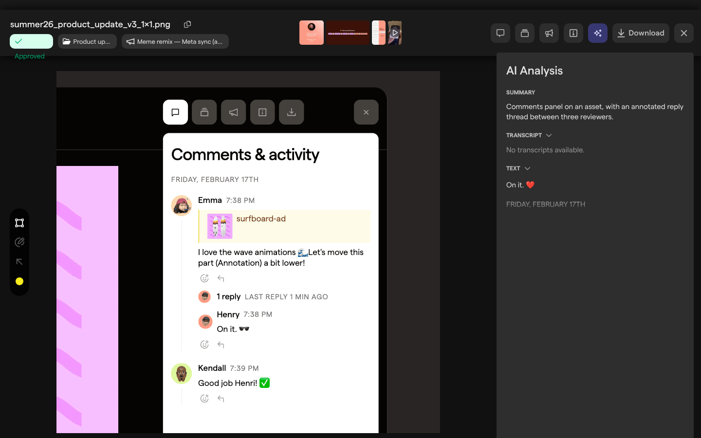 The asset view of an image with the AI Analysis panel open, showing its summary, an empty transcript and the text found in the image.