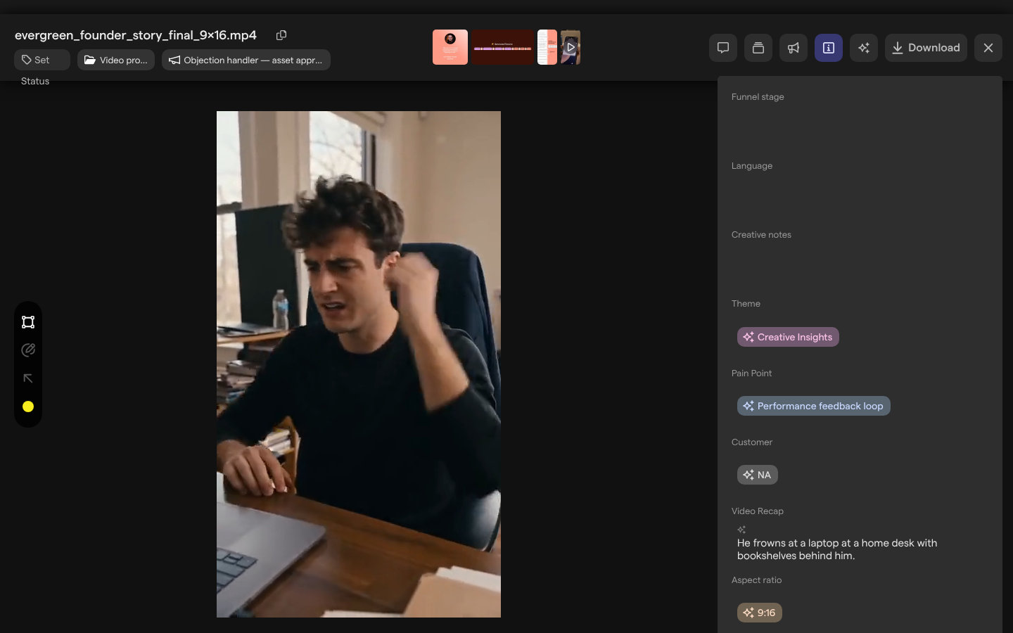 The asset view of a video with the Attributes tab open, where AI has filled in the Theme, Pain Point, Customer, Video Recap and Aspect ratio attributes.