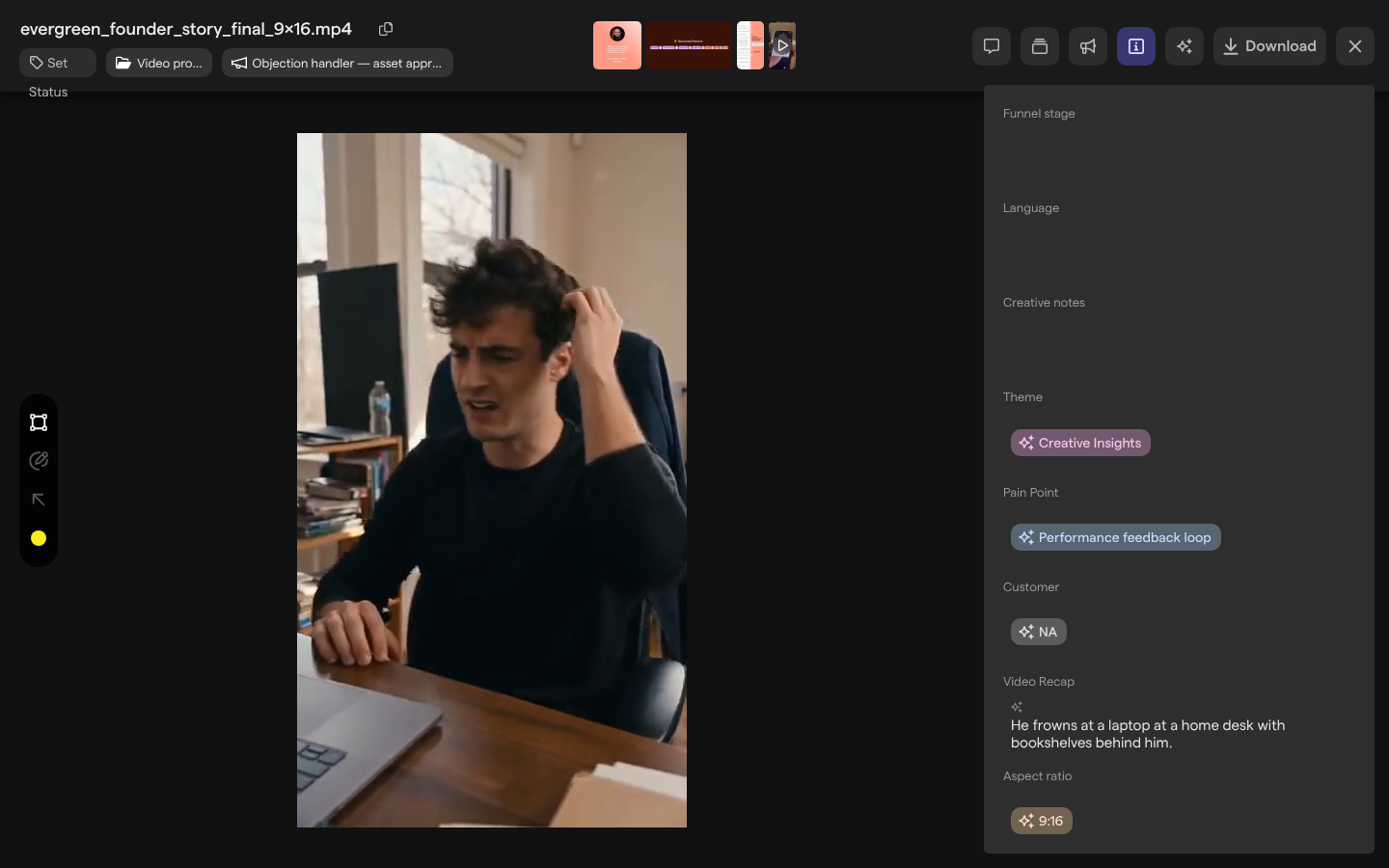 The asset view of a video with the Attributes tab open, where AI has filled in the Theme, Pain Point, Customer, Video Recap and Aspect ratio attributes.