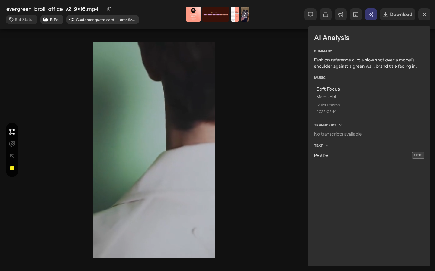 The asset view of a video with the AI Analysis panel showing its summary, recognized music and the text found in it.