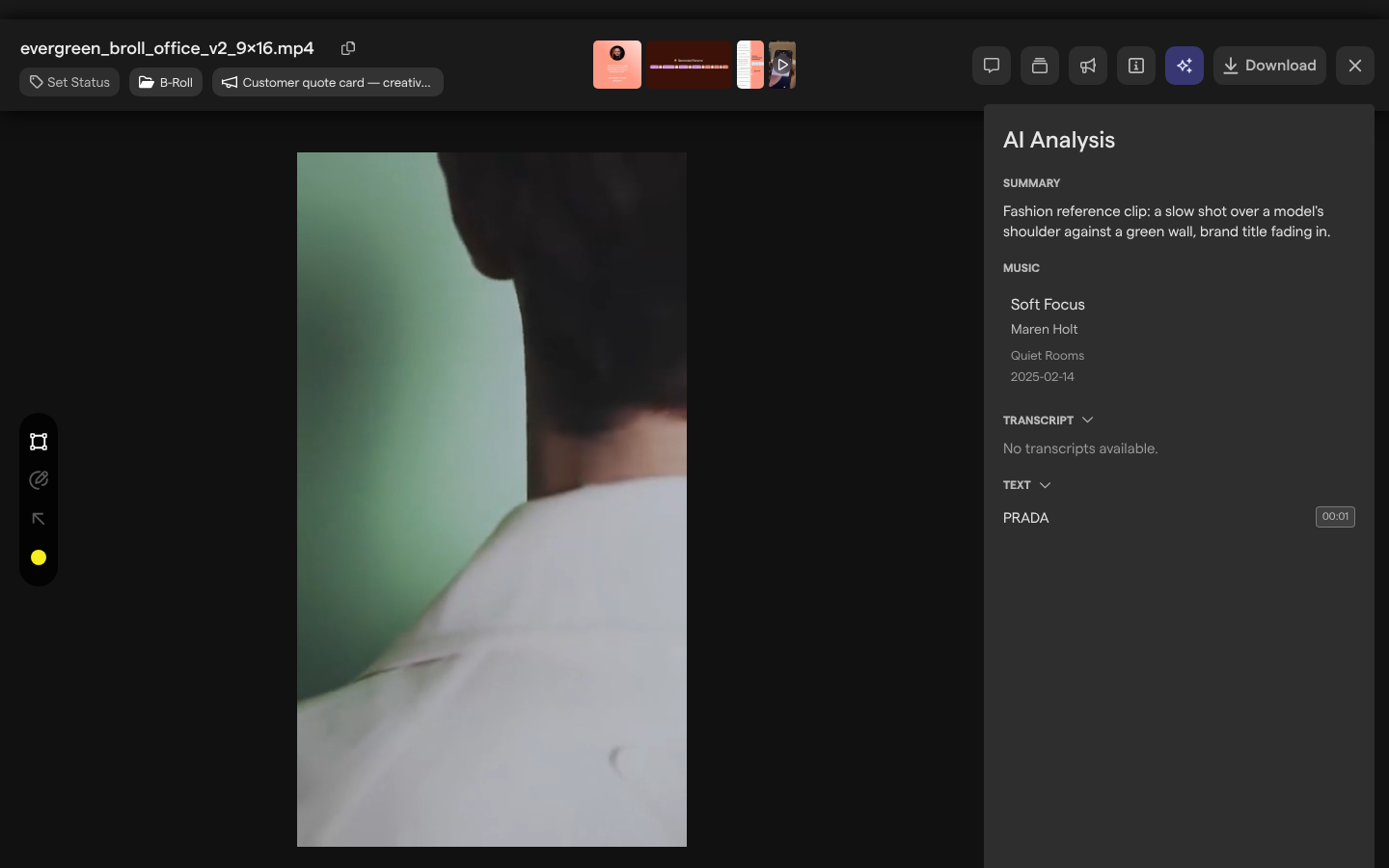 The asset view of a video with the AI Analysis panel showing its summary, recognized music and the text found in it.