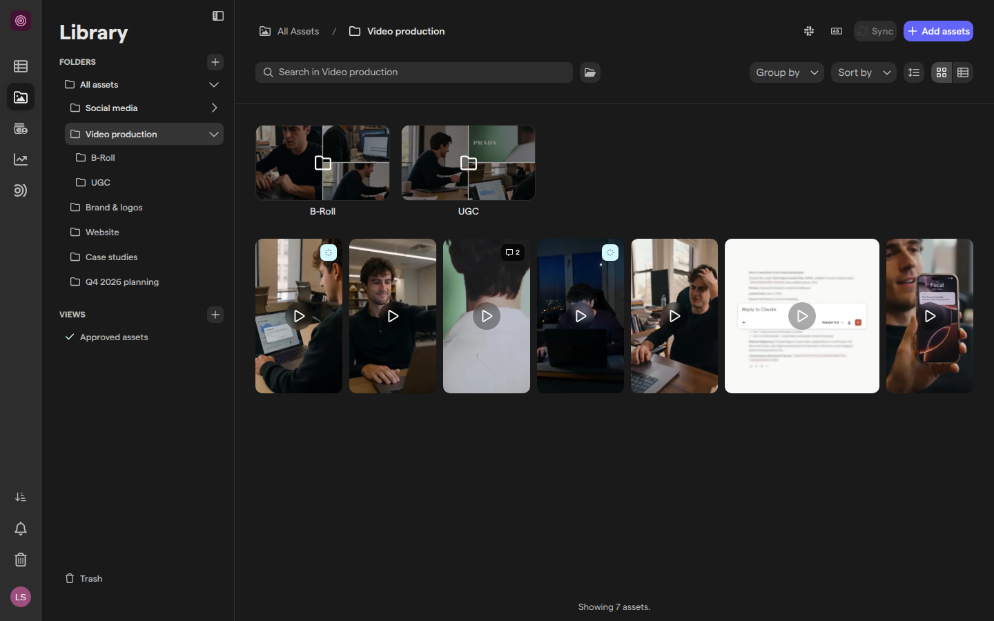 The asset library in Gallery mode, showing the Video production folder with two subfolders and seven video assets.