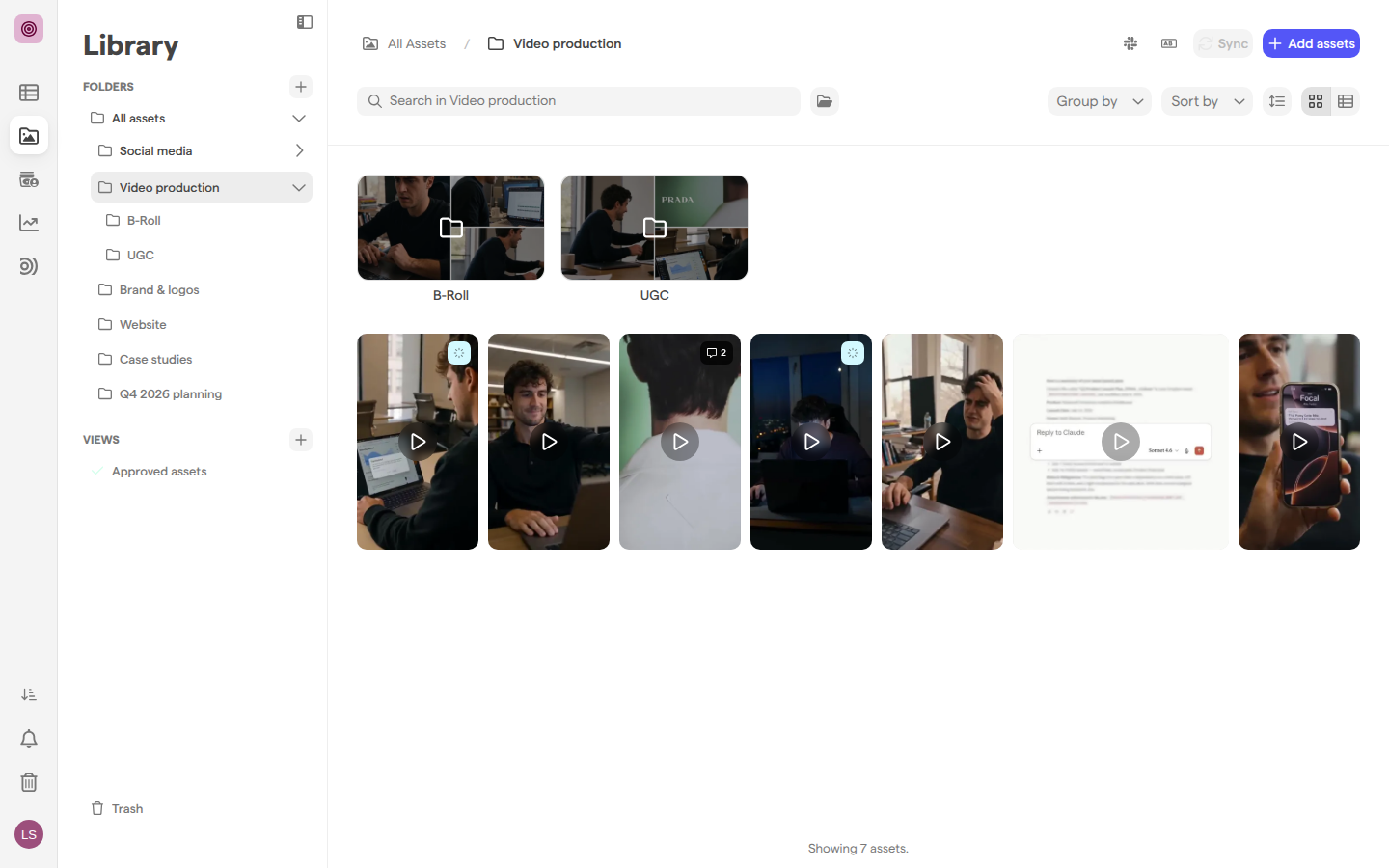 The asset library in Gallery mode, showing the Video production folder with two subfolders and seven video assets.