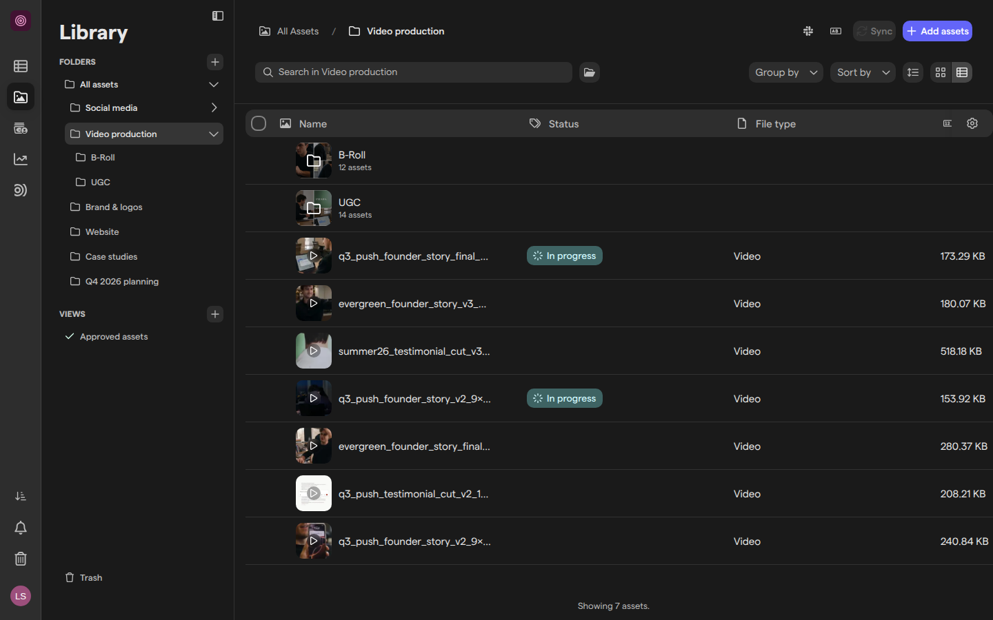 The Video production folder in Grid mode, with columns for Name, Status and File type.