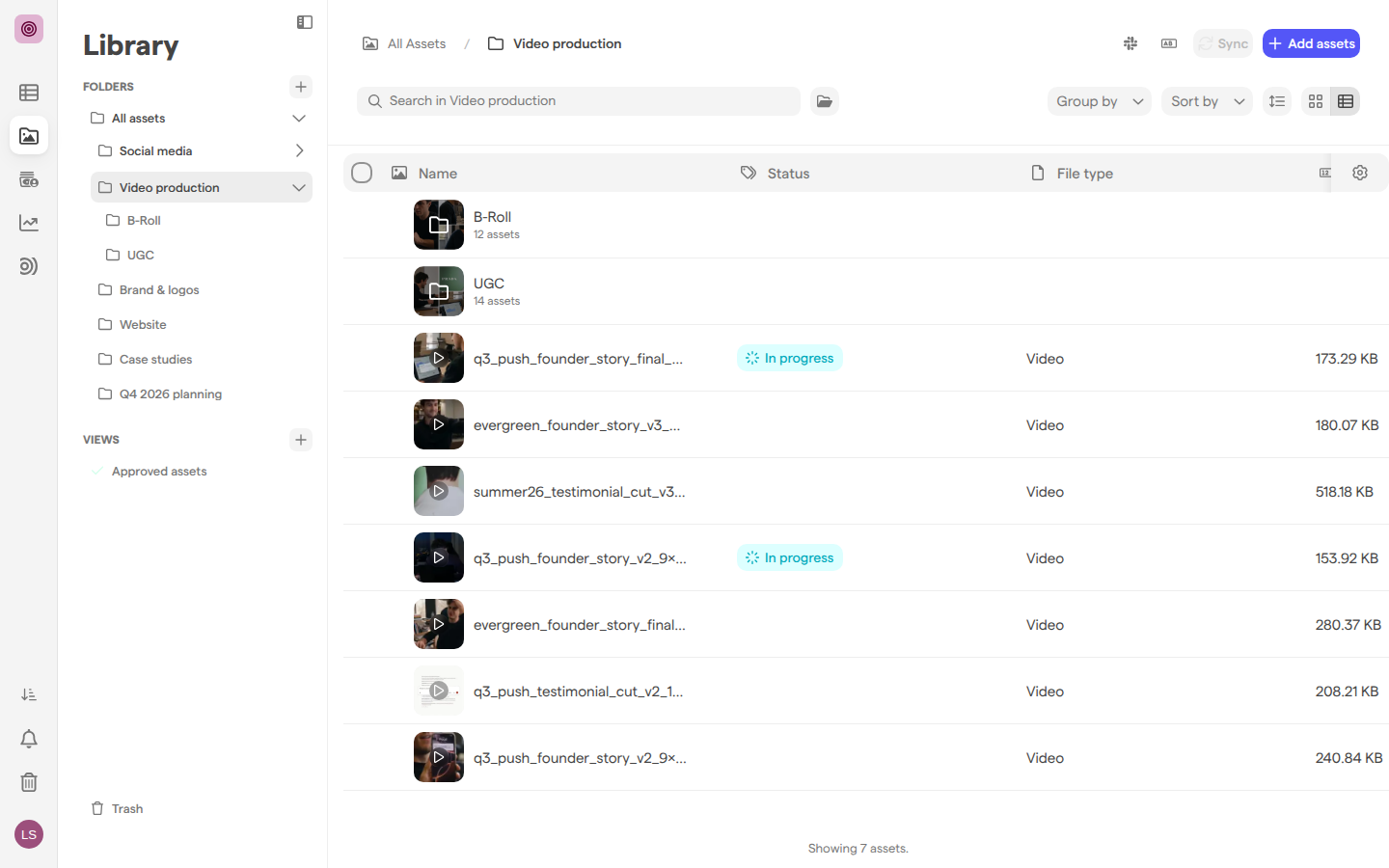 The Video production folder in Grid mode, with columns for Name, Status and File type.