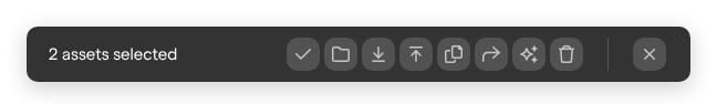 The selection toolbar with two assets selected and its row of action buttons.