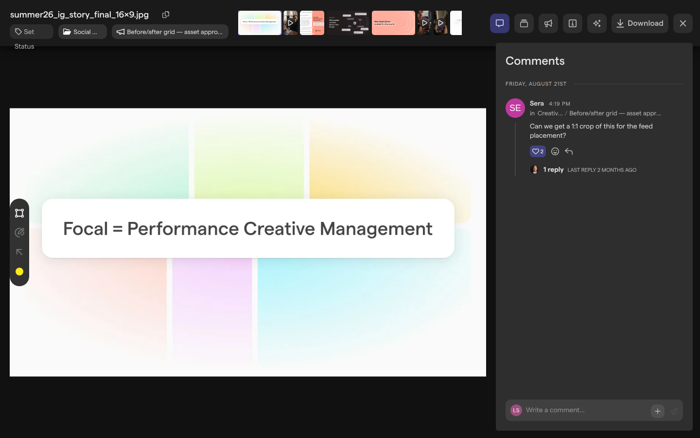The asset view for an image, with the Comments tab open beside the preview.