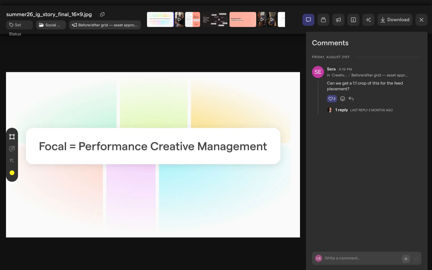 The asset view for an image, with the Comments tab open beside the preview.