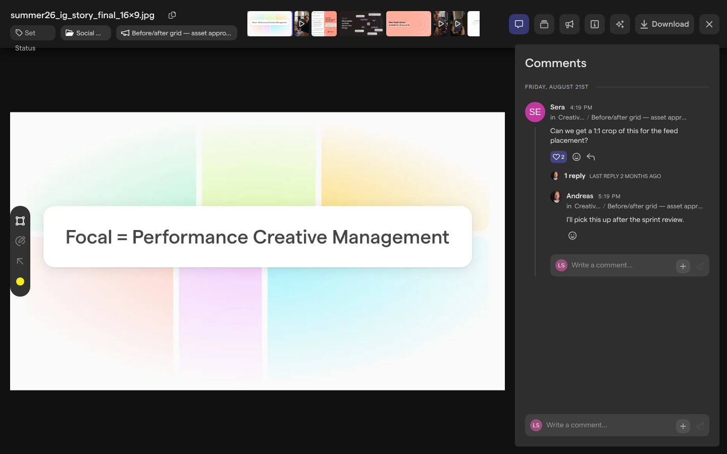 The asset view of an image with the Comments panel open on the right, showing a comment with one reply.