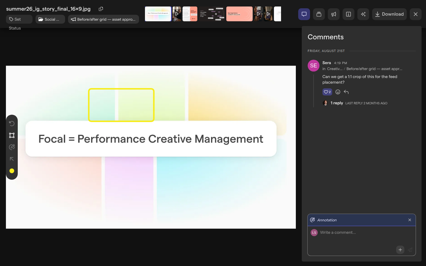 A yellow square drawn on an image, with the composer in the Comments panel showing the Annotation header.