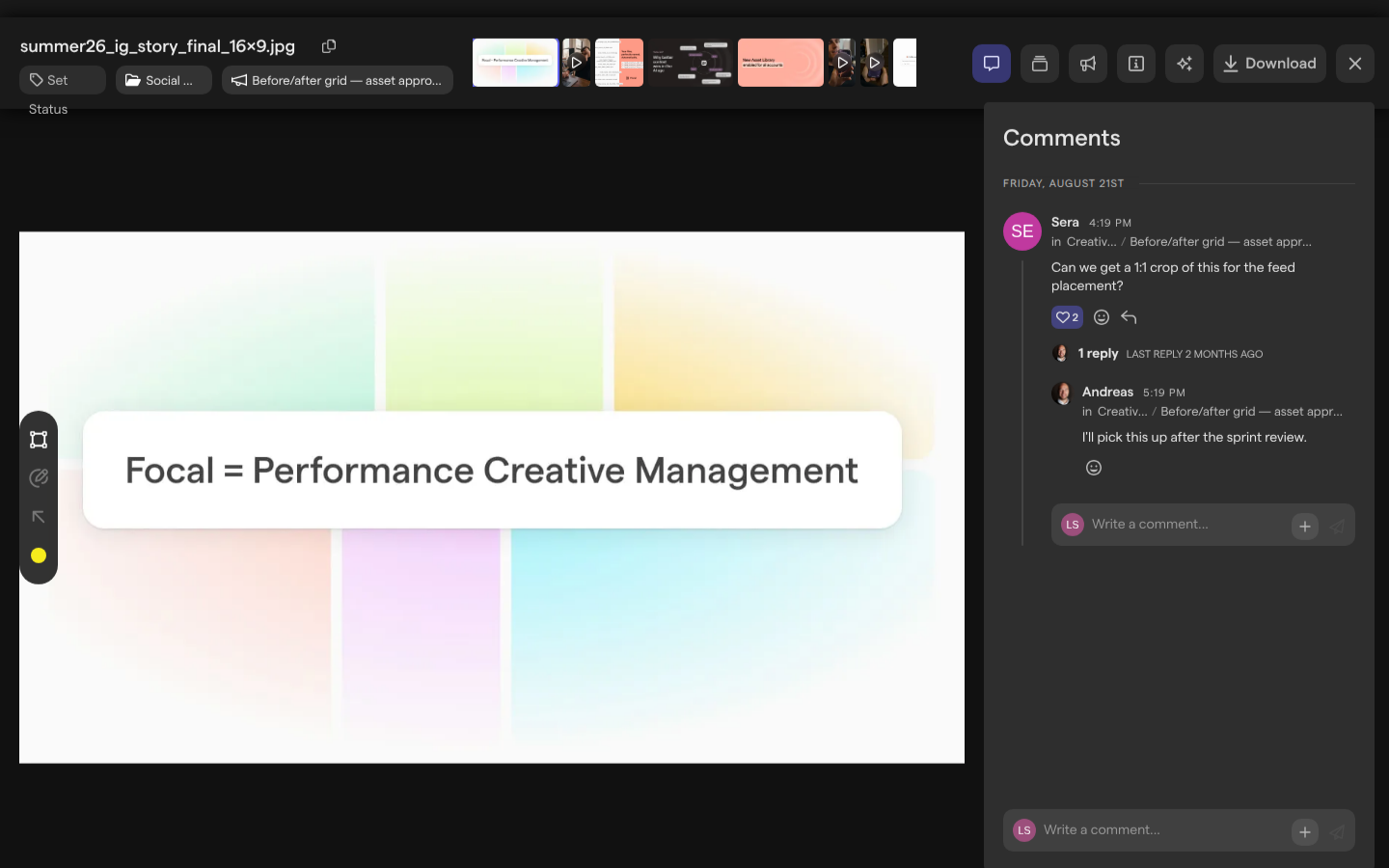 The asset view of an image with the Comments panel open on the right, showing a comment with one reply.