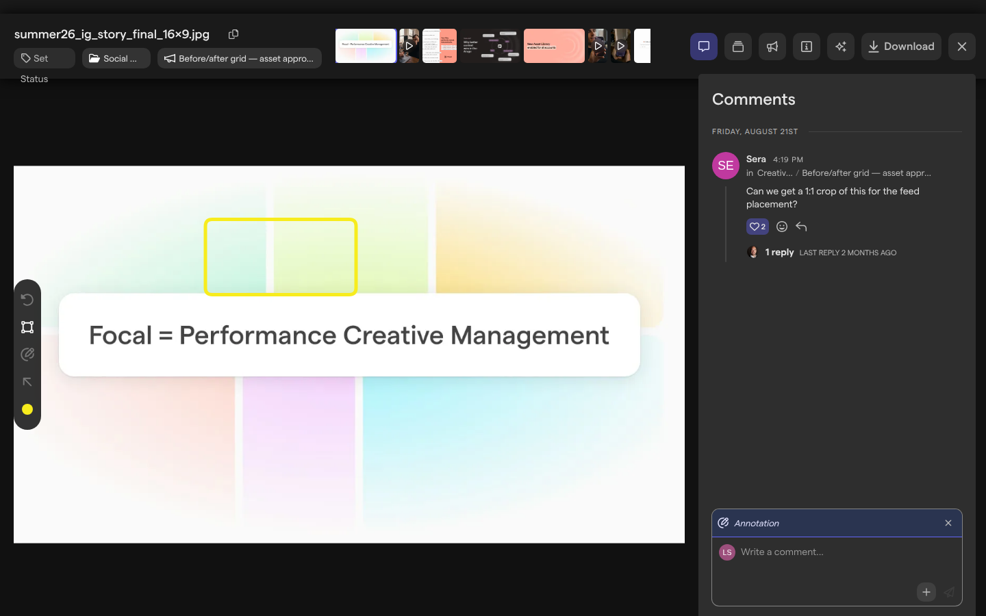 A yellow square drawn on an image, with the composer in the Comments panel showing the Annotation header.