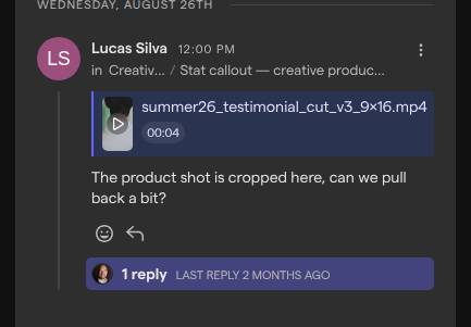 A comment in the Comments panel with a preview of the video and the time 00 above the comment text.