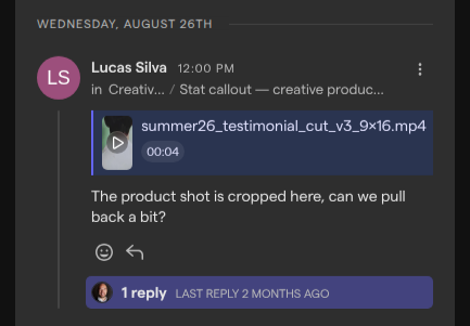 A comment in the Comments panel with a preview of the video and the time 00 above the comment text.