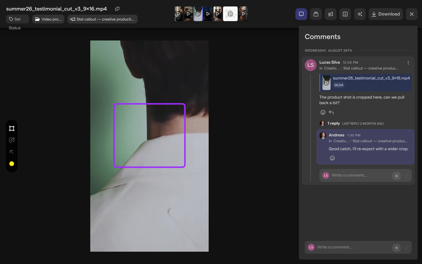 A video in the asset view with a purple square drawn on it, next to the comment it belongs to and its reply in the Comments panel.