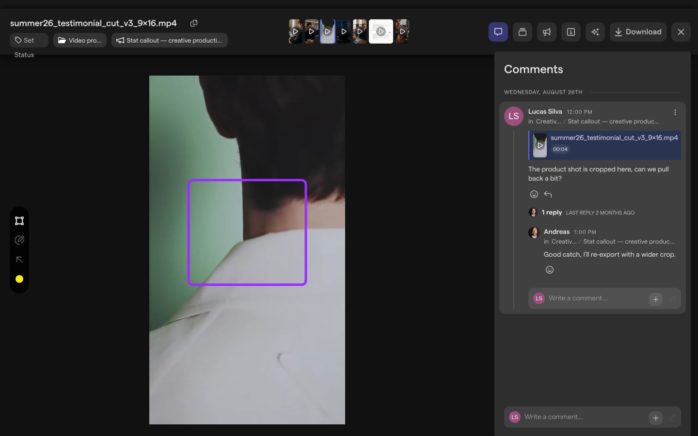 A video in the asset view with a purple square drawn on it, next to the comment it belongs to and its reply in the Comments panel.