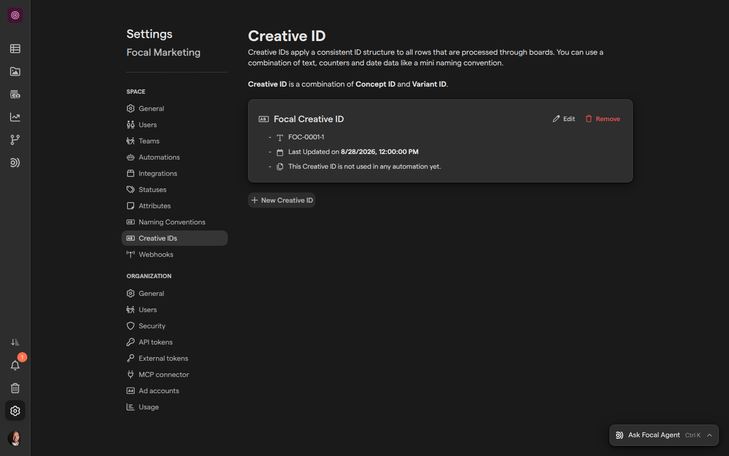 The Creative IDs page in Space Settings, listing the Focal Creative ID pattern with its example FOC-0001-1 and the New Creative ID button.