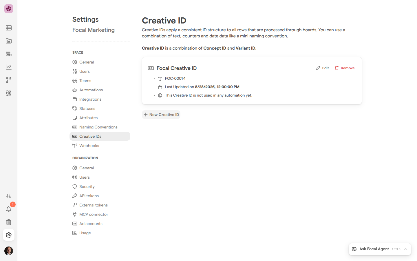 The Creative IDs page in Space Settings, listing the Focal Creative ID pattern with its example FOC-0001-1 and the New Creative ID button.