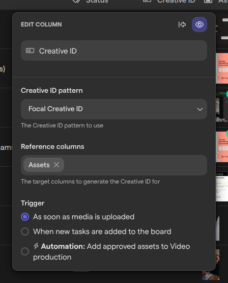 The Edit column panel of a Creative ID column, with the Creative ID pattern, Reference columns and Trigger settings.