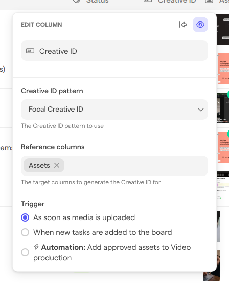 The Edit column panel of a Creative ID column, with the Creative ID pattern, Reference columns and Trigger settings.