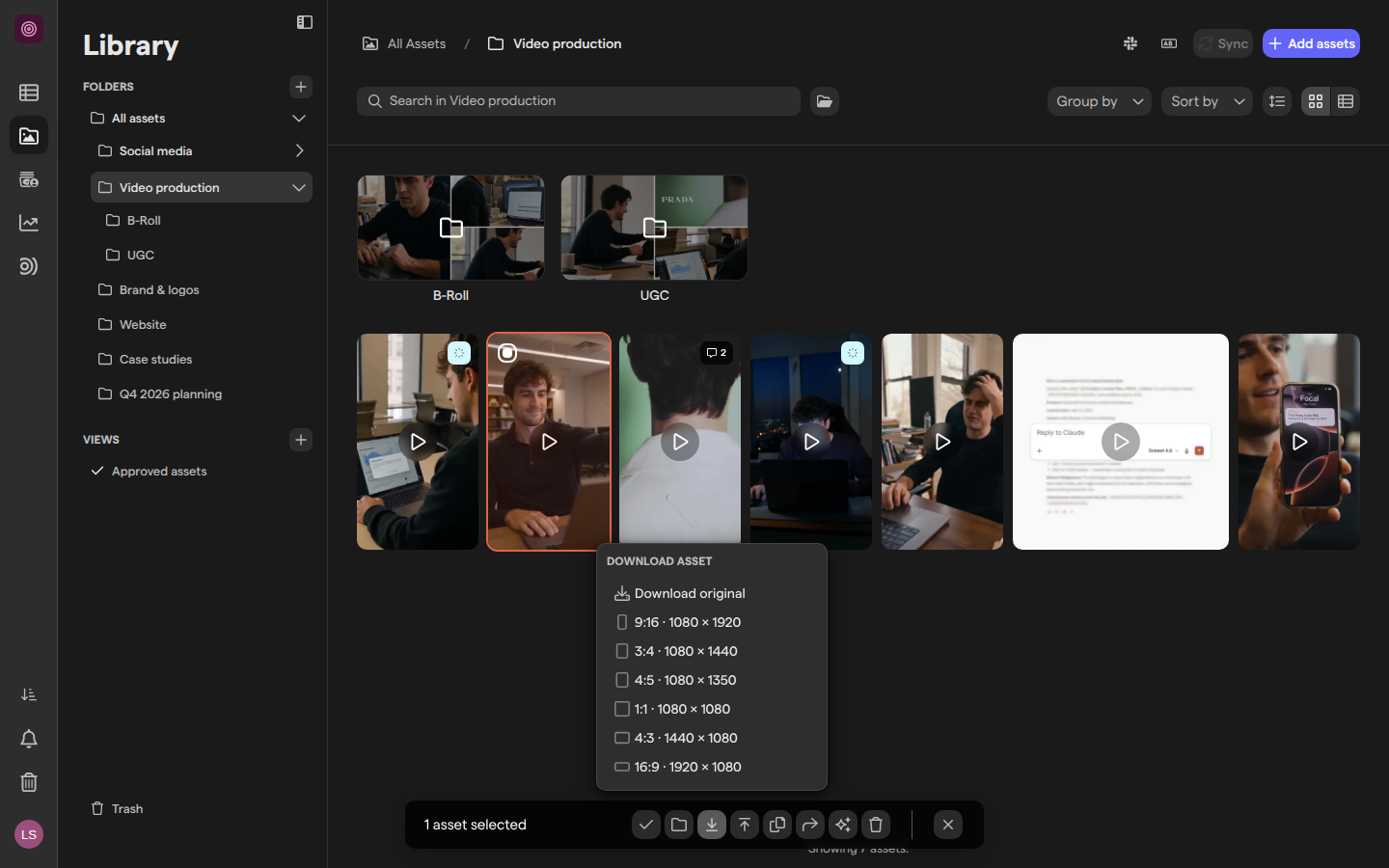 The Video production folder with one video selected and the Download asset menu open above the selection toolbar.