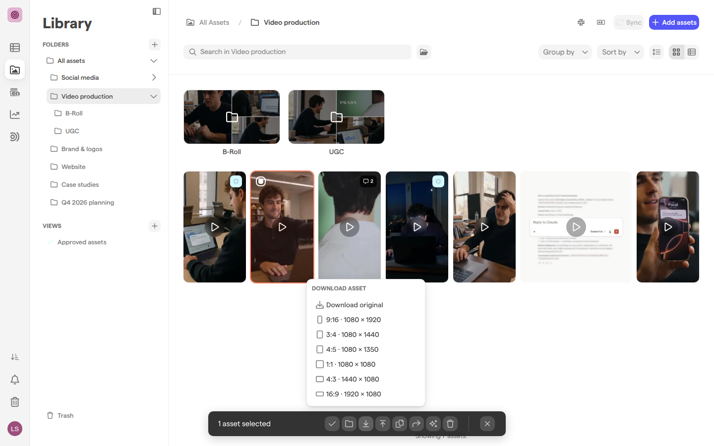 The Video production folder with one video selected and the Download asset menu open above the selection toolbar.