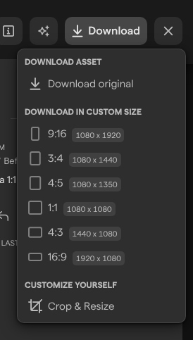 The Download menu of the asset view, with Download original, six custom sizes and Crop & Resize.