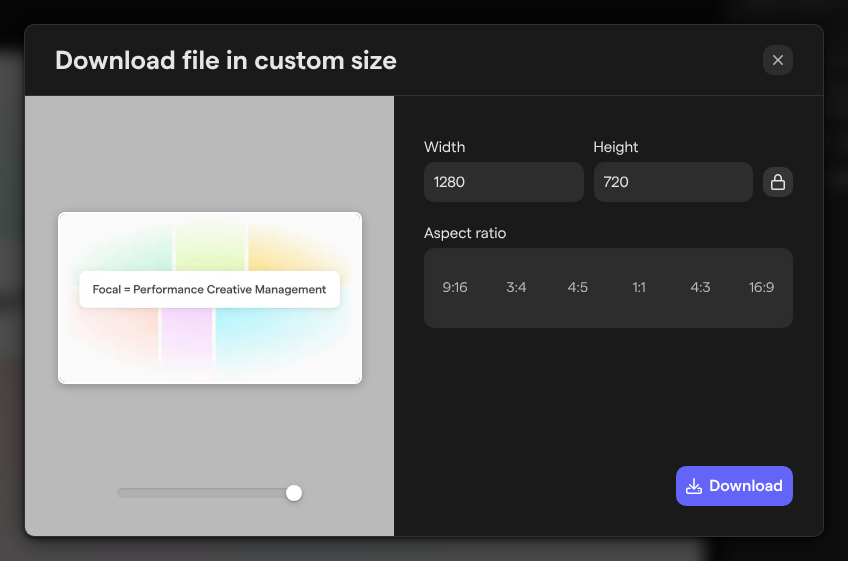 The Download file in custom size dialog, with the crop area over the preview, Width and Height fields, the Aspect ratio choices and the Download button.