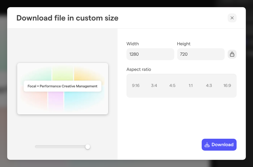 The Download file in custom size dialog, with the crop area over the preview, Width and Height fields, the Aspect ratio choices and the Download button.
