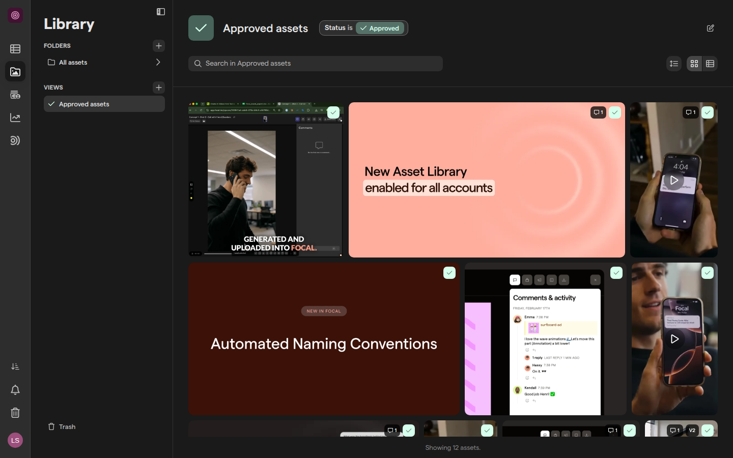 The Approved assets library view open in the gallery, with its Status is Approved filter shown next to the view name.