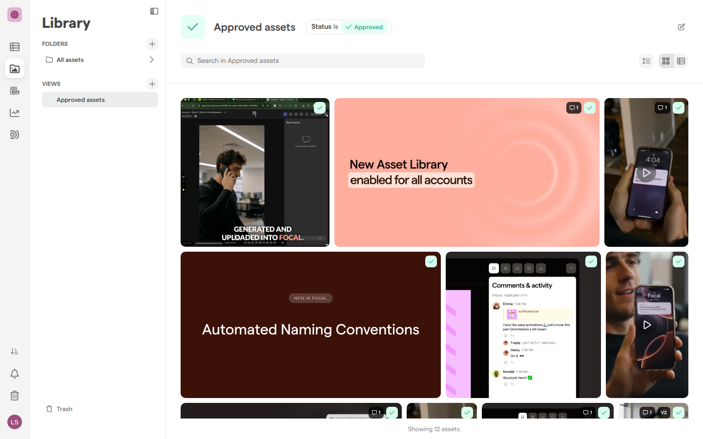 The Approved assets library view open in the gallery, with its Status is Approved filter shown next to the view name.