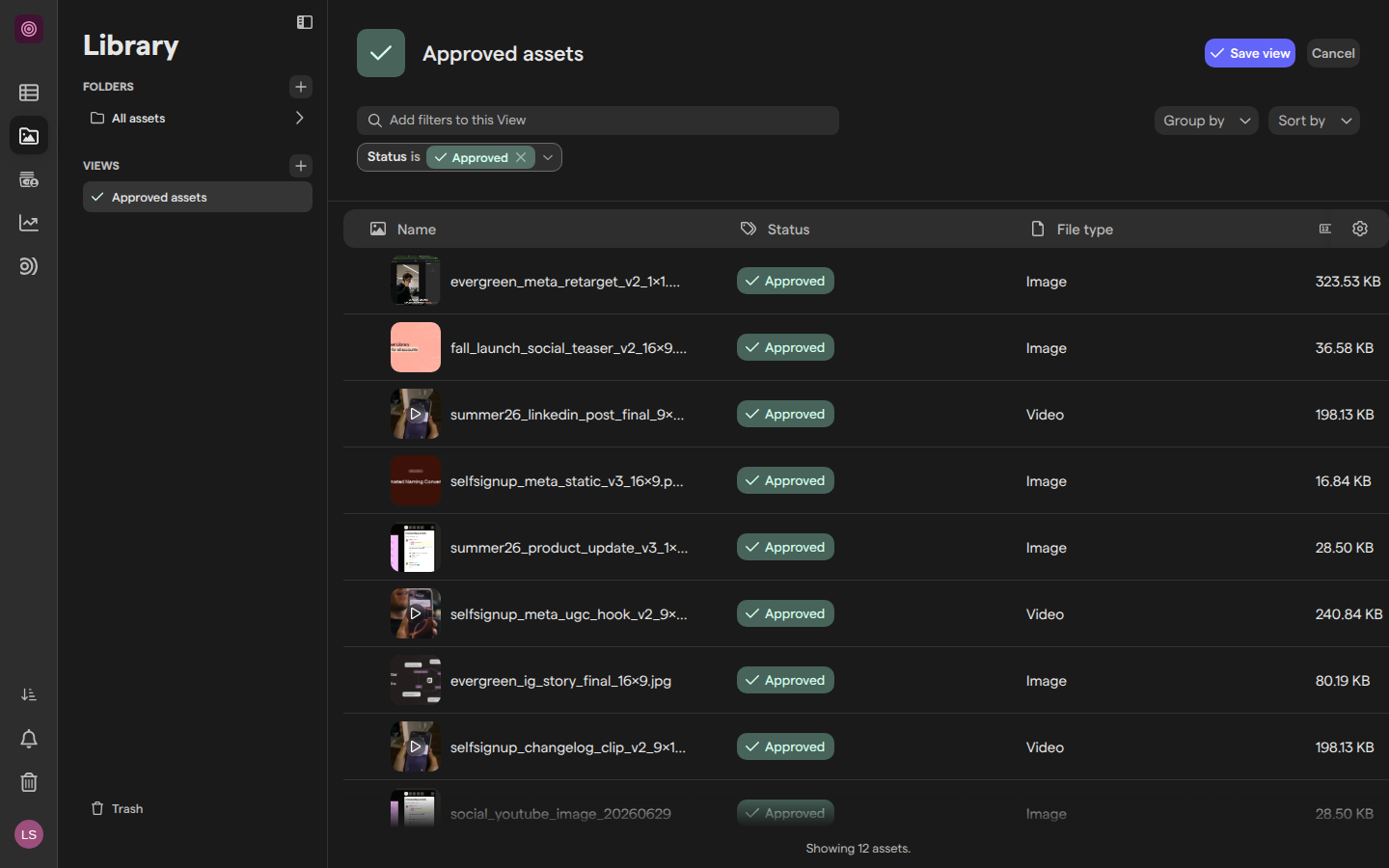 The view editor for Approved assets, with Save view and Cancel next to the name and the Group by and Sort by menus beside the filter bar.