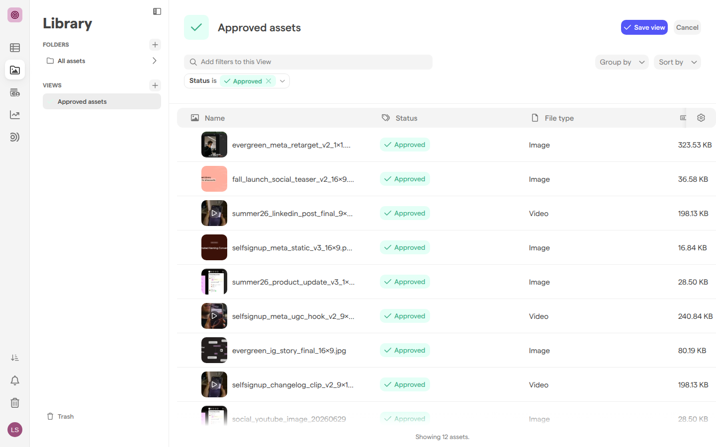 The view editor for Approved assets, with Save view and Cancel next to the name and the Group by and Sort by menus beside the filter bar.