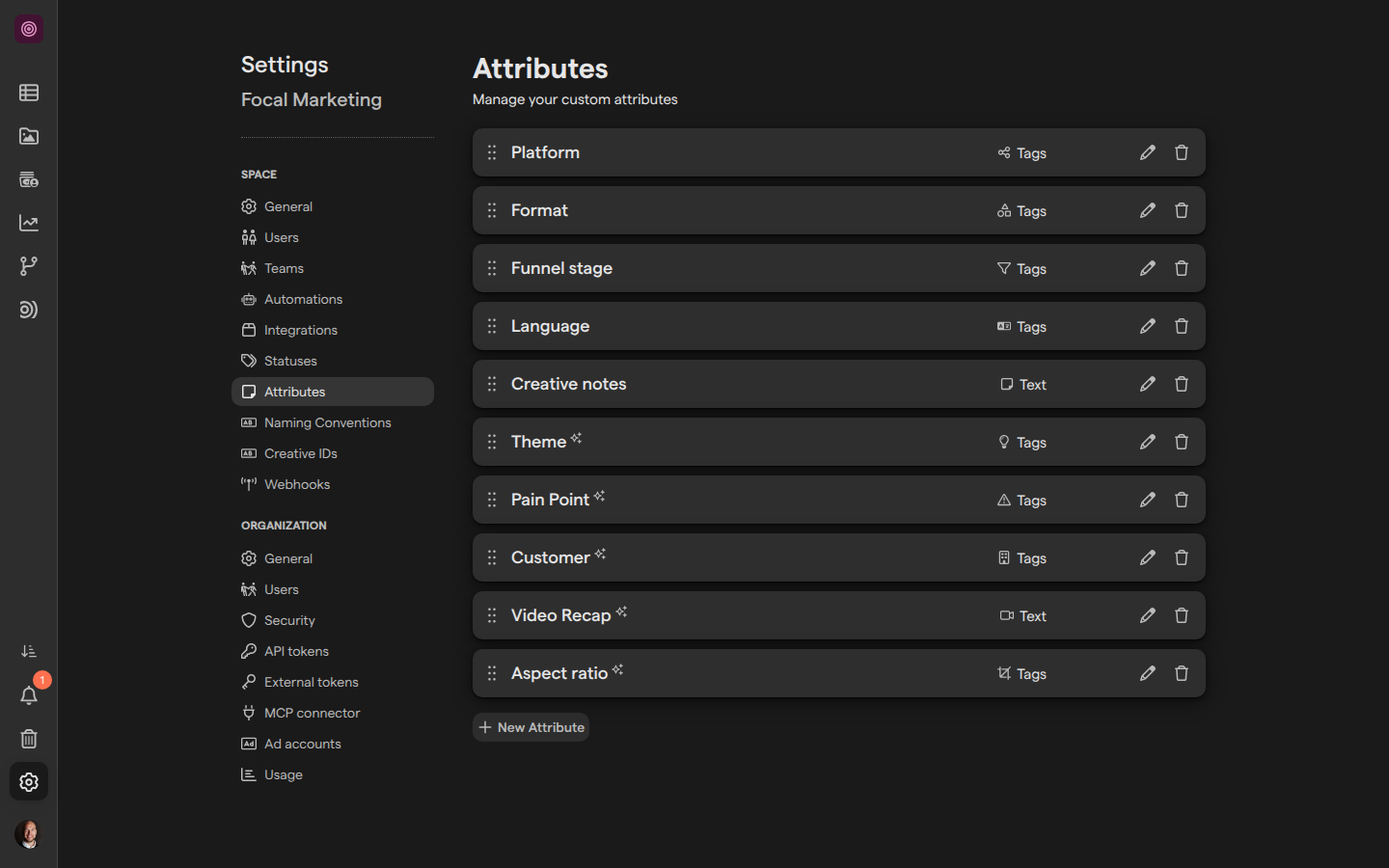 The Attributes settings page, listing ten attributes with their types, from Platform, Format, Funnel stage, Language and Creative notes to Theme, Pain Point, Customer, Video Recap and Aspect ratio, which carry the AI autofill sparkle.
