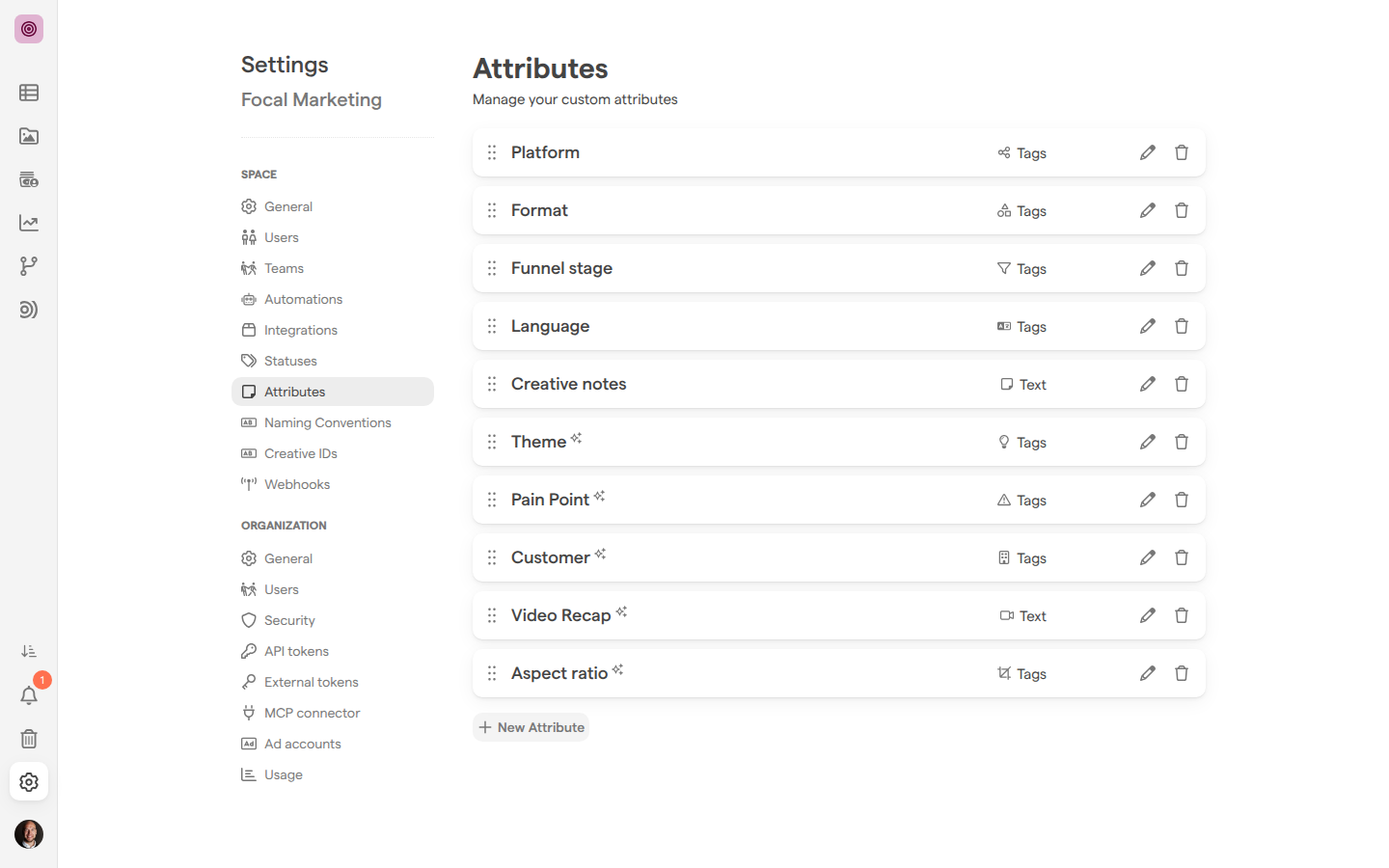 The Attributes settings page, listing ten attributes with their types, from Platform, Format, Funnel stage, Language and Creative notes to Theme, Pain Point, Customer, Video Recap and Aspect ratio, which carry the AI autofill sparkle.