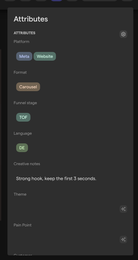 The Attributes tab of an asset, showing Platform set to Meta and Website, Format set to Carousel, Funnel stage TOF, Language DE and a Creative notes text, and below them the empty Theme and Pain Point attributes with their AI autofill buttons.